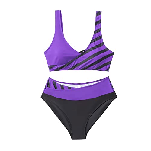 Traje de baño para mujer, bikini para abdomen, traje de baño de látex, con función de apoyo, conjunto de bikini para mujer, tankini para tallas grandes, traje de baño, 2 morado, XXL