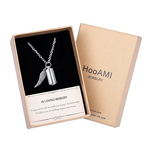 image for HooAMI Angel Wing Charm & Cylinder Memorial Urn Necklace Stainless Ste