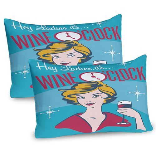 Ambesonne Wine Pillow Sham Set of 2, Ladies It's Wine O'Clock Woman Drinking Portrait Cheers Retro Design, Quality Microfiber Bedding Item for All Seasons, 30