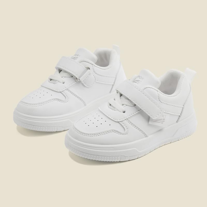 Kids White Sneakers with Hook and Loop Closure, Perforated Design, Non-Slip Sole2