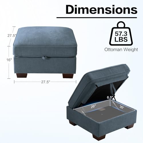 Image of TEKAMON 27.5 inch Storage Ottoman, Square Footrest with Sponge Padded Seat, Chenille Fabric Step Stool for Sofa, Bedroom, Living Room, Entryway, Modern Change Shoes Stool, Wood Legs, (Blue)