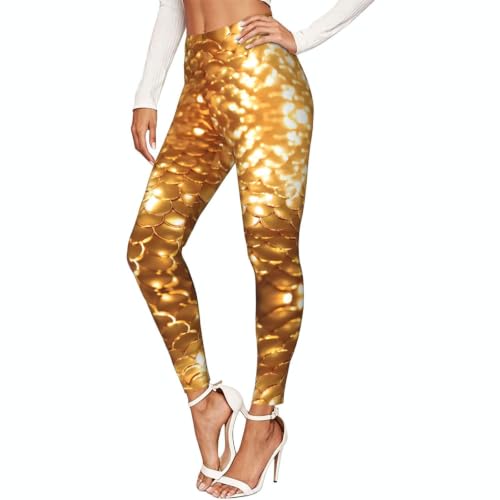 Leggings dorados de sirena para mujer y mallas de compresión suave