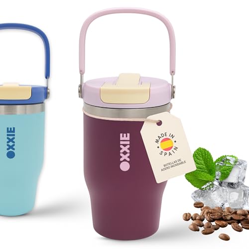OXXIE Vaso Termo Cafe Para Llevar Pequeño 500ml, Taza de Cafe de Acero Inoxidable con Asa, Vaso Termico con Tapa Hermetica 2 en 1, Aislamiento de Doble Pared, Reutilizable y Antigoteo (Rosa)