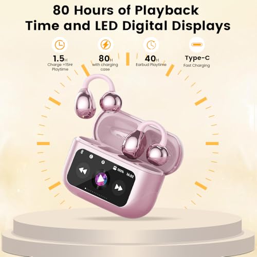 Image of Clip On Ear Headphones, Open Ear Earbuds Wireless Bluetooth 5.4, Clip On Earbuds with LCD Touchscreen, Lightweight Comfort Open Ear Headphones for Pad Tablet Laptop Android /iOS Phones (Pink)