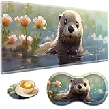 大型ゲームマウスパッド + 手首サポートパッド + コーヒーコースター、縫い目のエッジ付きデスクパッド、滑り止めセットパッド オフィスワークや自宅に最適 - かわいいカワウソ