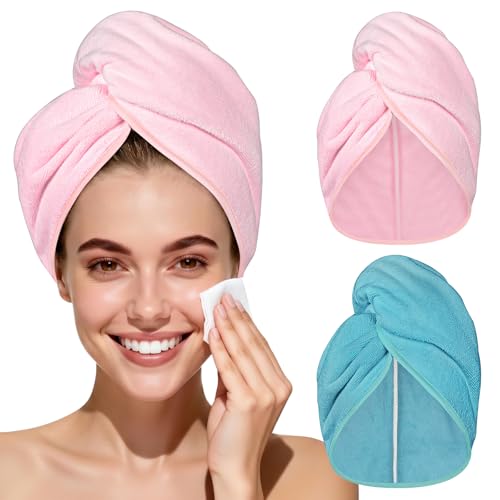 HOTUT Toalla Turbante para El Pelo Microfibra, 2PCS Cabello Turbante De Secado Rápido con Botón, Turbante De Lujo De Secado Rápido Anti-Encrespado, Antideslizante, Suave y Cómodo(Verde,Rosa)