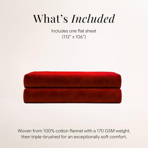 Image of Tribeca Living King Cotton Flannel Flat Sheet Only 170-GSM - Oversized 112 x 106 Inch Dimensions for Generous Bed Coverage - Soft Breathable Bedding in Deep Red