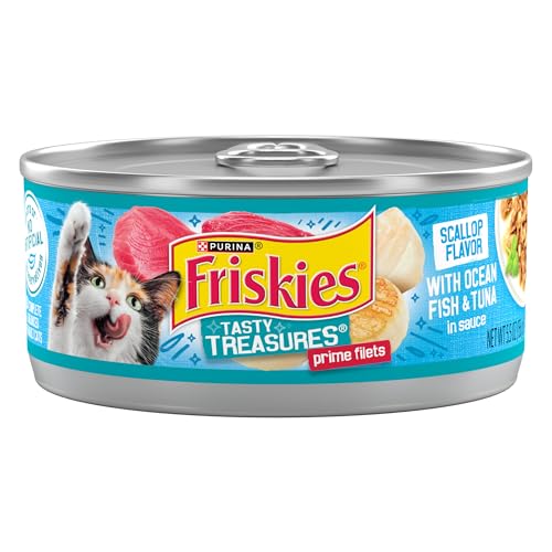 Purina Friskies Wet Cat Food Tasty Treasures With Ocean Fish and Tuna in Sauce (Scallop Flavor) - (Pack of 24) 5.5 oz. Cans