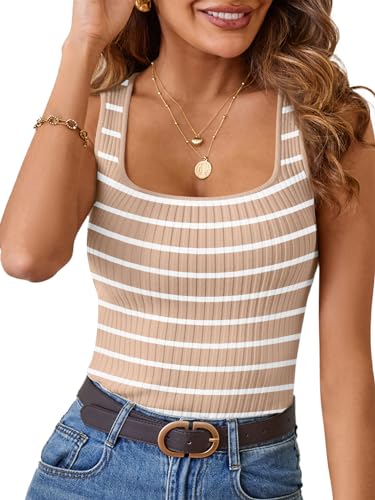 Image of MEROKEETY Women's Summer Square Neck Tank Tops | Sleeveless, Ribbed Knit, Striped Pattern, Slim Fit, Stretchy Soft Sweater Vest Casual Work Outfits