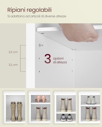 VASAGLE Panca Scarpiera, Scarpiera Ingresso, 6 Scomparti, Ripiani Regolabili, per Soggiorno Corridoio, 29,5 x 100 x 50 cm, Bianco Nuvola LSB036W01 - Immagine 3