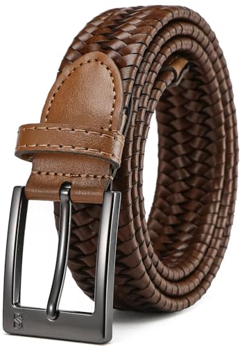 Leather Braided Belts Men - 1 1/4“ Woven Stretch Belts for Men Casual Dress - Elastic & Exceptionally Durable