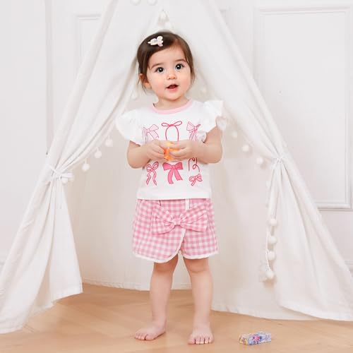 Murnouche Toddler Baby Girl Summer Clothes Bow Floral Letter Print Short Sleeve Shirt Shorts Set Summer Outfit3