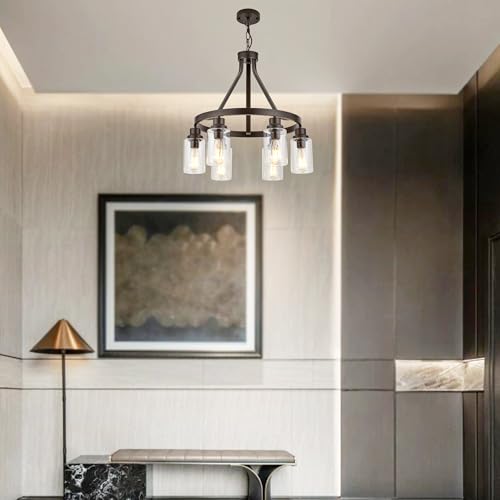 LIGOTFIRE Wagon Wheel Chandelier Oil Rubbed Bronze Dining Room Lighting Fixture Hanging Farmhouse Chandelier 6 Light Kitchen Island Lighting with Glass Shade by LIGOTFIRE - Image 8