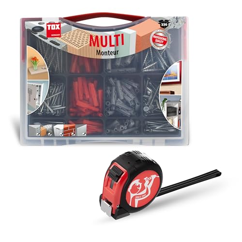 TOX Sortiment Monteur Multi (336-tlg.) + 5m Rollmaßband, Allzweckdübel TRI und Spreizdübel Barracuda (5, 6 und 8 mm), inkl. Schrauben und Maßband, Dübel für fast alle Baustoffe, 094909136