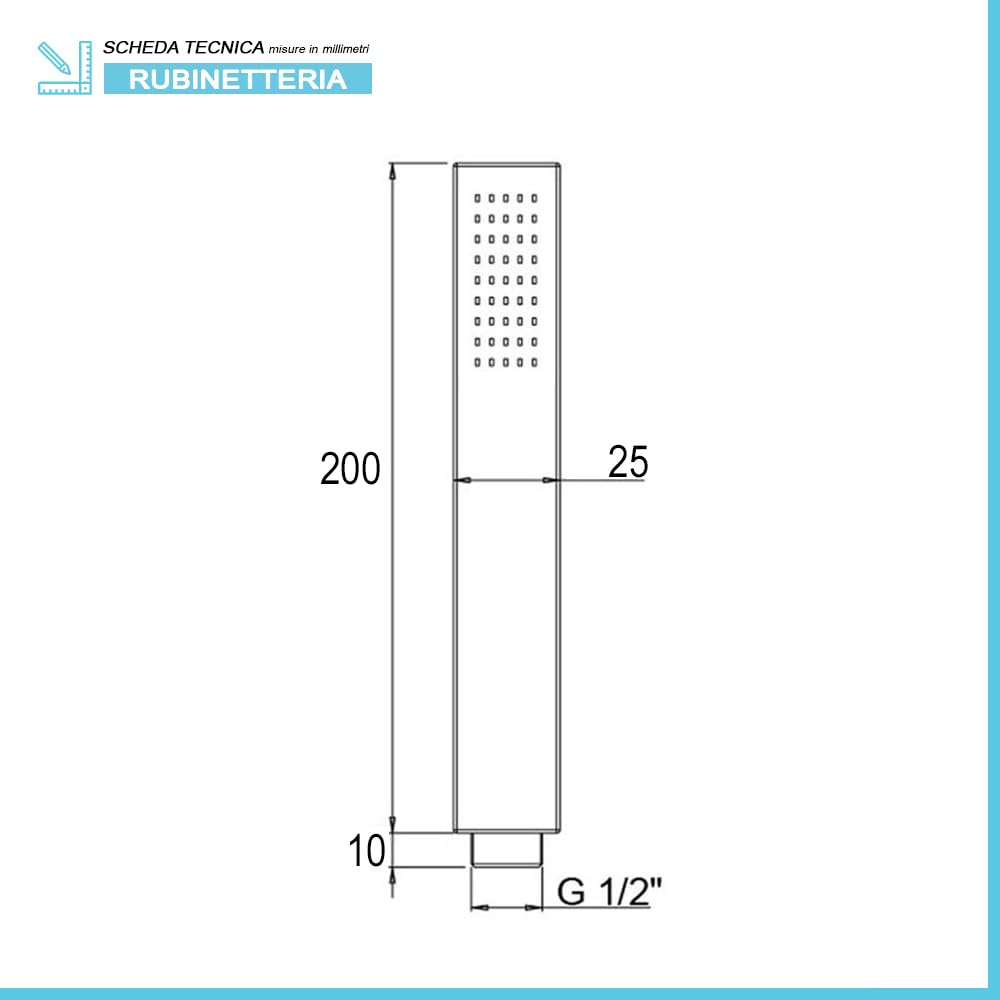Doccetta quadrata in ottone cromato lucido, monogetto con ugelli anticalcare e attacco standard G 1/2”