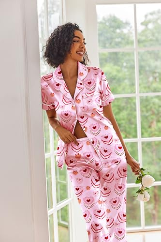 Image of Ekouaer 2 Piece Satin Short Sleeve Pajamas Set Button Down Sleepwear | Soft Pjs Set Classic Loungewear for Wedding, Party, Home, Daily Wear, Date Nights