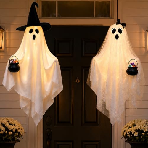 Teeanzo 2 Packs Halloween Hanging Ghost Decorations Light-Up Ghost with Witch Hat Bow Cute Ghost Ornaments with Cauldron Spooky Halloween Outdoor Decor for Front Porch Yard Indoor Party Decor
