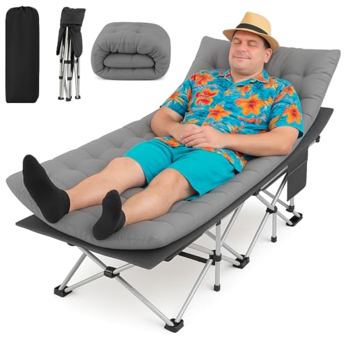 SKONYON Camping Cot, Folding Camping Cot for Adults, Folding Bed, Heavy Duty Sleeping Cots with Carry Bag, Double Layer Oxford Portable Sleeping Bed 600LBS(Max Load) (Silver Frame Gray Pad, 1Pack)