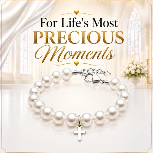 Image of Communion Bracelets | Baptism Jewelry | White Pearl Bracelet | Cross Charm