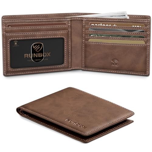 RUNBOX Wallet for Men Slim Leather Bifold RFID Blocking Minimalist Front Pocket Design with Gift Box