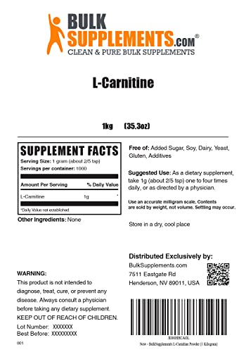 Bulksupplements.com L-Carnitine Powder (Base) - Amino Acids Supplement For Muscle Recovery & Endurance - Gluten Free - 1000Mg (1G) Per Serving, Pack Of 5 (5 Kilograms - 11 Lbs) #TOP1