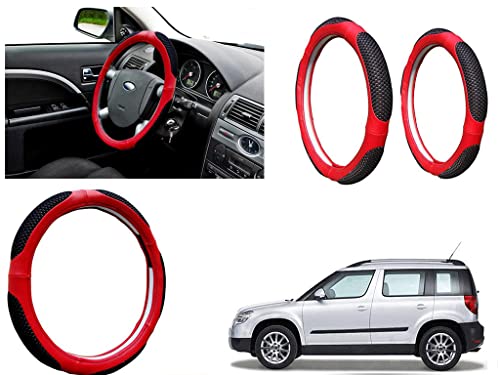 Image of Microfiber Car Steering Wheel Cover, Soft Padding Great Hand Feel, Anti-Slip, Faux Leather Steering Cover for Skoda Yeti | Black Red Jali - Pack of 1