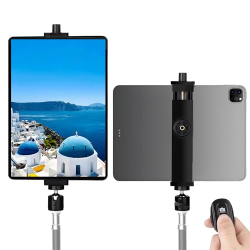 EszkozTA iPad Tripod Mount Adapter with Ball Head, Universal 360 Rotatable Tablet Clamp Holder with Bluetooth Remote for iPad Pro 12.9, iPad Air Mini, Galaxy Tab, Selfie Stick(6.2-11.8