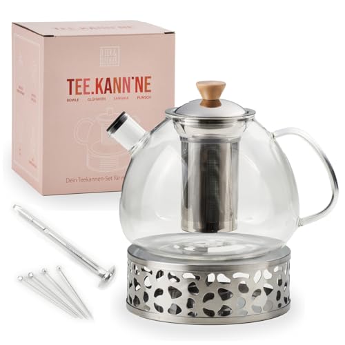 lieb&lecker - Tetera con calientaplatos + juego de cuenco + colador - Tetera de 1500 ml de vidrio de borosilicato, sin BPA - Incluye paleta de acero inoxidable, 4 pikser, 2 recetas - También juego de