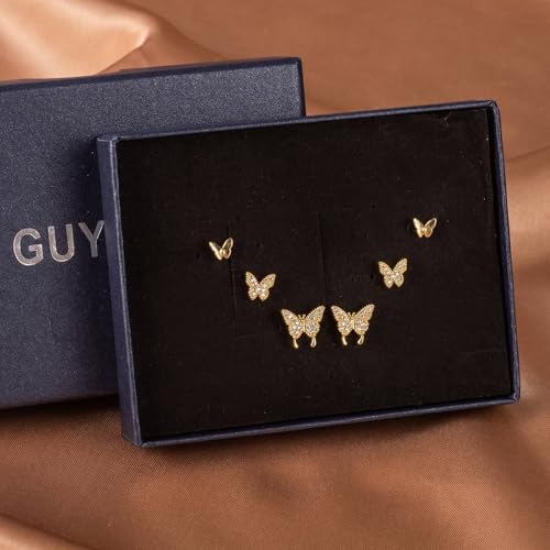 3 Pairs 14K Gold Plated 925 Sterling Silver Posts Bow Earrings for Women, Cubic Zirconia Bow Butterfly Stud Earrings Hypoallergenic Earrings Fashion Jewelry Gifts for Women3