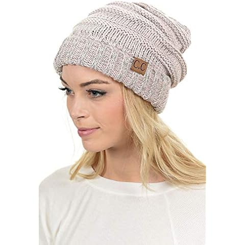 Funky Junque Trendy Warm Oversized Chunky Soft Oversized Cable Knit Slouchy Beanie One Size - Rose Quartz Platinum Grey Tricolor Mix Cover