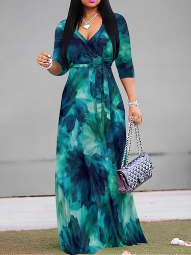 Image of Plus Size Maxi Dress for Women V Neck 3 /4 Sleeve Wrap Dress