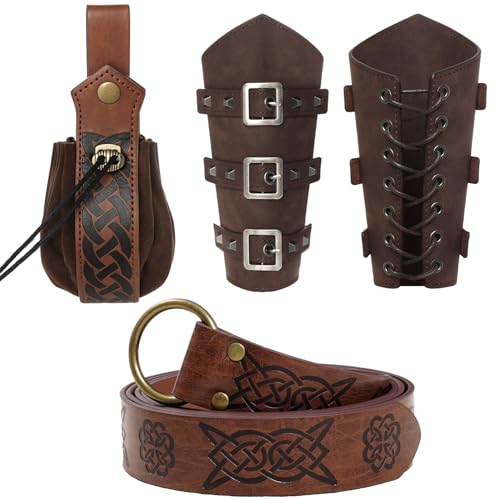 baotongle 4 Stück Halloween Nekromanten Anzug Mittelalterliche Armschienen GüRtel Kleidung Mittelalterlicher Kunstledergürtel & Wikingertasche mit Kordelzug Mittelalter kostüm Damen Herren