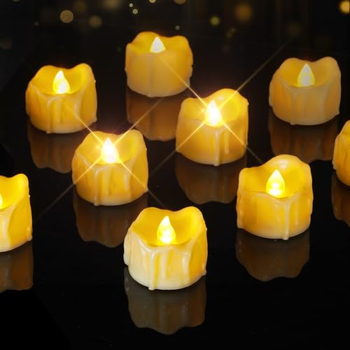 Image of Homemory 24Pcs Dripping Flameless LED Tea Lights, 1.58 inch x 1.2 inch Battery Operated Flickering Fake Candles, 200+ Hours Electric Votive Tealights for Wedding, Halloween, Christmas Centerpieces, Ivory Body