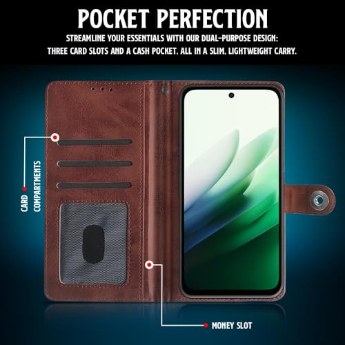 Image of WOW IMAGINE Shock Proof Flip Cover Back Case for Mi Redmi 15 5G (Magnetic Button Flip Case | Wallet Pockets & Stand | Leather Finish | Coffee)
