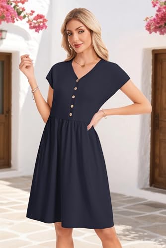 Image of AUSELILY Women's Summer Short Sleeve Knee-Length V Neck Dress with Pockets | V Neck,Cap Sleeve,Loose-Fit,Casual Dresses,2026 New