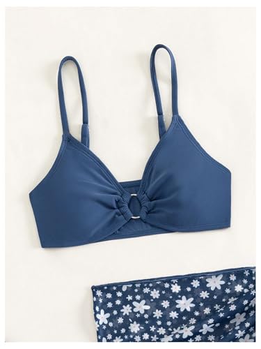 Girl's 3 Piece Swimsuit Sets O Ring Wireless Bathing Suit with Ditsy Floral Mesh Cover Up Skirt3