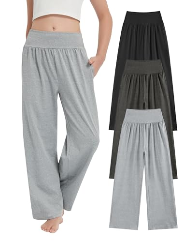 Image of EXARUS 3 Pack Girls Wide Leg Pants Baggy /Tapered Loose Casual Summer | Teen Flowy Tween Beach School Vacation Trousers Youth Junior Preteen Bottoms Lightweight Soft Kids 6-14Y