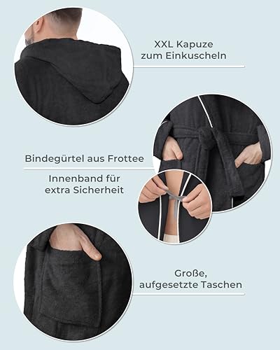 LAYNENBURG Bademantel Herren Frottee - Kapuze - Lang - 100% Baumwolle (360g/m2) - OEKO TEX Standard 100 - Größe (XXXL, Schwarz)