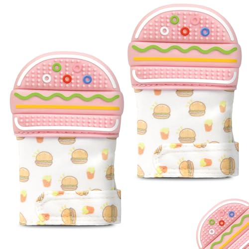 Image of 2Pack Silicone Teething Mitt, Hamburger Baby Teething Toy for 0-6 6-12 Months, Food Grade Silicone Infant Teething Mitten, BPA-Free Baby Chew Toys for Pain Relief, Sucking Needs