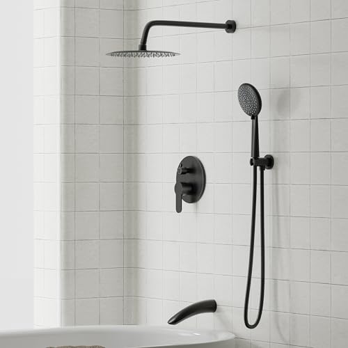 Image of Gabrylly Shower System with Tub Spout, Black Bathtub Shower Faucet Set with 3-Way Pressure Balance Valve Kit, 10 inch Rain Head with Handheld Spray, Matte Black