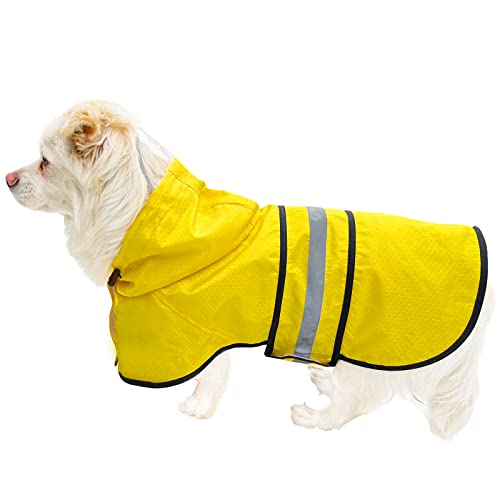 Dog Raincoat Waterproof Reflective Slicker - Lightweight Breathable Hooded Poncho Rain Coat Jacket with Adjustable Belly Strap and Leash Hole for Small Medium Large Dogs (Small, Yellow)