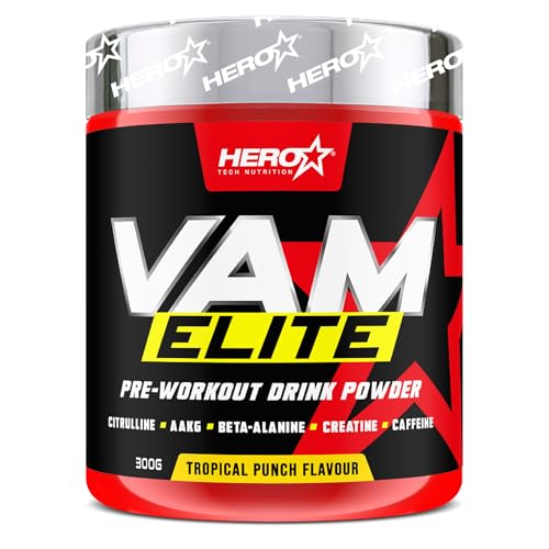 HERO TECH | VAM ELITE 300 GR | Complejo pre-entrenamiento con cafeína, taurina, creatina, L-citrulina y beta-alanina | Sin OGM (Organismos Modificados Genéticamente)