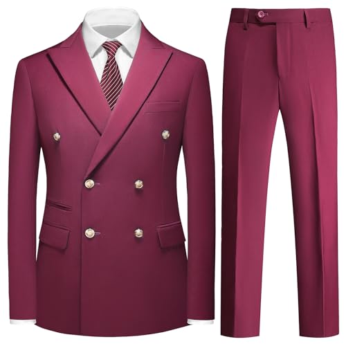 KUDMOL Suit for Men Solid Double Breasted 2 Piece Tuxedo Set Regular Fit Peak Lapels Jacket and Pants Burgundy S