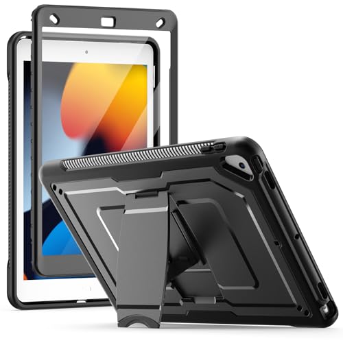 SEYMAC Custodia per iPad 9a/8a/7a Generazione da 10,2 pollici (2021/2022/2019), Cover Protettiva Antiurto con Supporto Incorporato e Protezione Dello Schermo, Nero