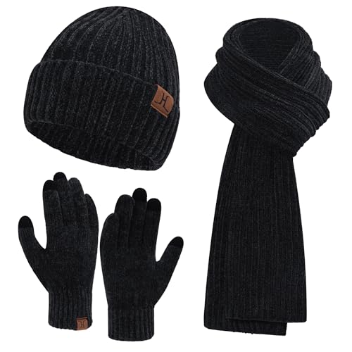 Womens Winter Knit Warm Hat Beanie Long Scarf Touch Screen Gloves Set Skull Caps Neck Scarves for Women Men Black