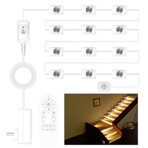 Smart stair lighting system with motion sensors, remote control, and illuminated stairway, showcasing convenience and safety for home environments.