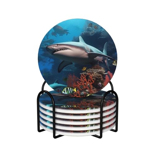 Dessous de verre en céramique lot de 6 avec support métal motif requin