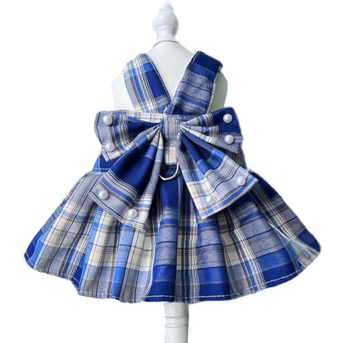 ISUPY 可愛い ペット服 ドレス 春夏用 犬服 ワンピース 洋服 ドッグウェア ペットウェア ハーネス チェック柄 蝶結び 小中型犬 人気 ファッション ベスト 猫服 通気性 脱毛保護 日焼き防ぐ 虫除け お散歩 記念撮影 (2XL,ブルー)