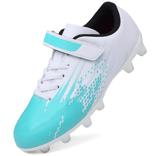 Dhinash Zapatos de Fútbol Niño Botas de Fútbol Tacos Zapatillas de Fútbol Cesped Artificial Aire Libre Zapatillas Deportivas Adolescentes Zapatos de Entrenamiento Blanco Turquesa Talla 32