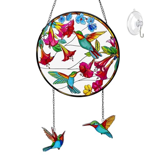 Stained Glass Suncatcher for Window, Marzovitra 8 inch Hummingbird Sun Catcher Hanging with Flowers & 2 Dangling Charms Real Glass Window Decor, Garden Hanging Art Gift for Women, Mom, Nature Lovers